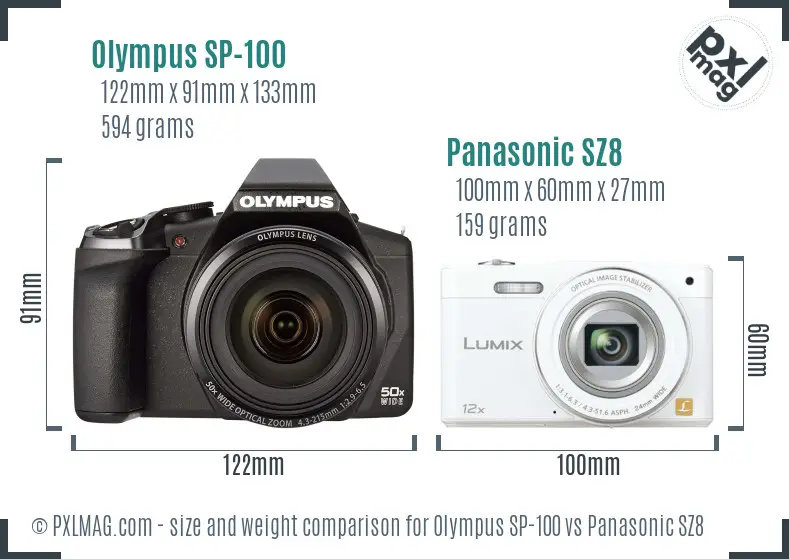 Olympus SP-100 vs Panasonic SZ8 size comparison