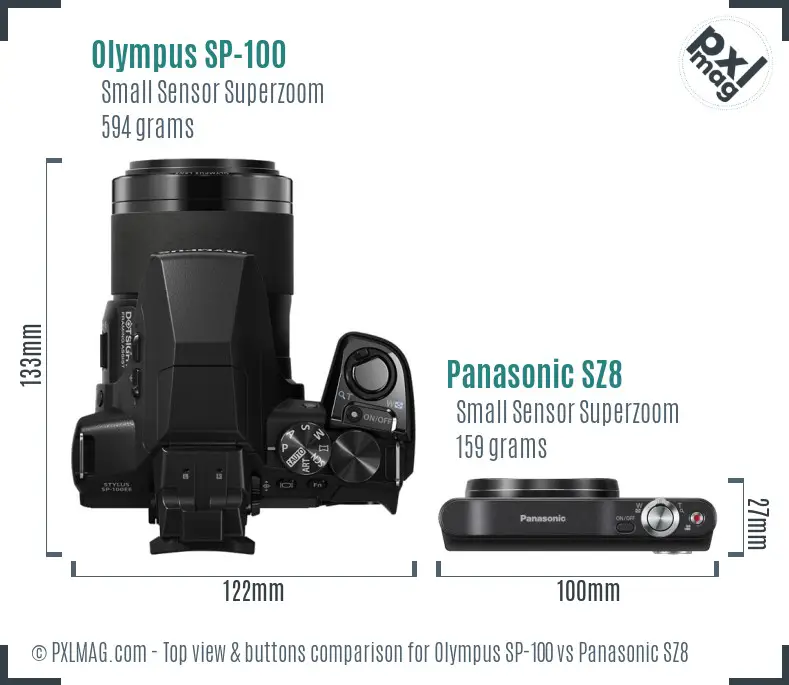 Olympus SP-100 vs Panasonic SZ8 top view buttons comparison