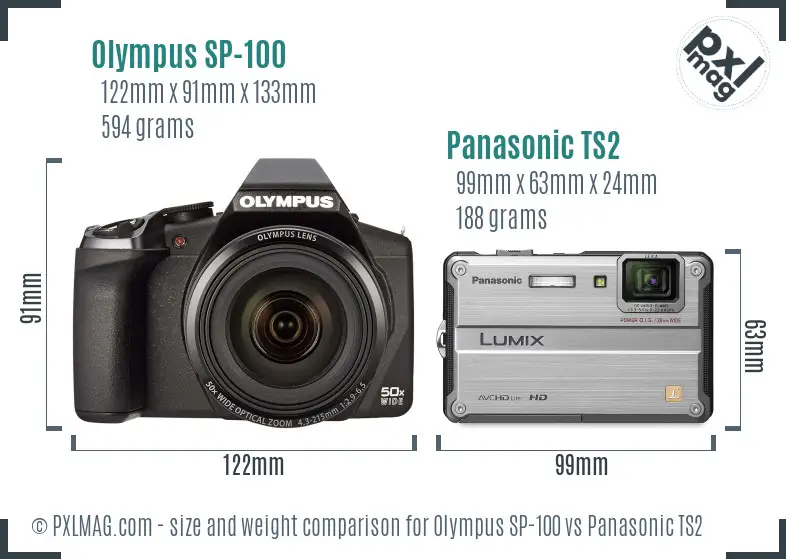 Olympus SP-100 vs Panasonic TS2 size comparison