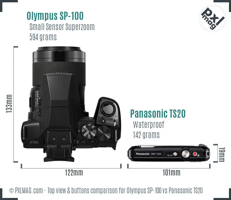Olympus SP-100 vs Panasonic TS20 top view buttons comparison