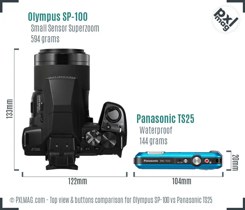 Olympus SP-100 vs Panasonic TS25 top view buttons comparison