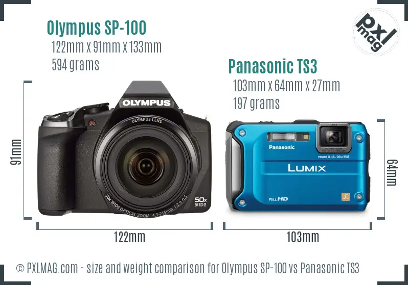 Olympus SP-100 vs Panasonic TS3 size comparison