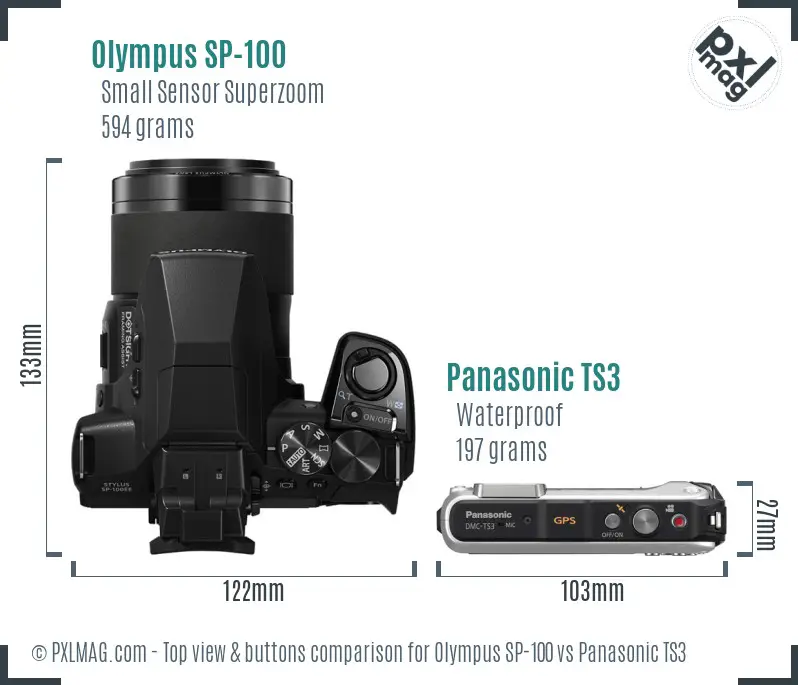 Olympus SP-100 vs Panasonic TS3 top view buttons comparison