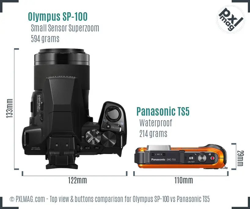 Olympus SP-100 vs Panasonic TS5 top view buttons comparison