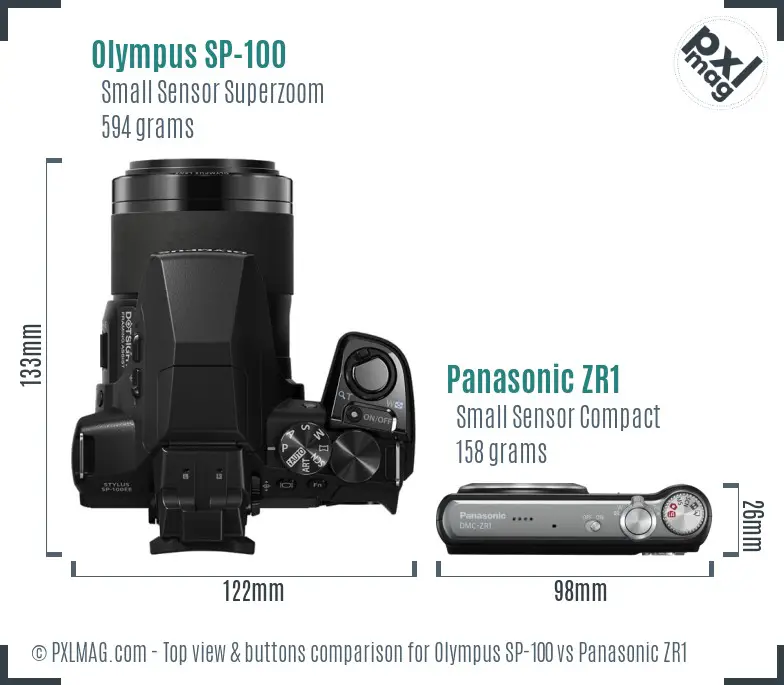 Olympus SP-100 vs Panasonic ZR1 top view buttons comparison