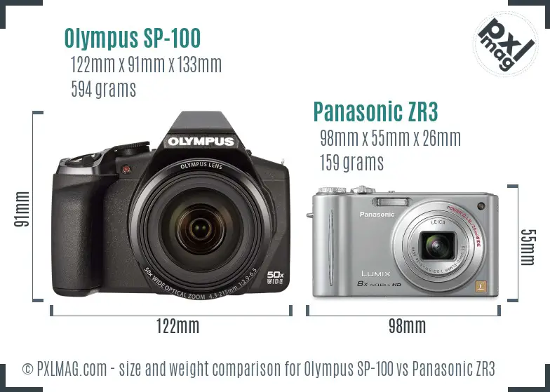 Olympus SP-100 vs Panasonic ZR3 size comparison