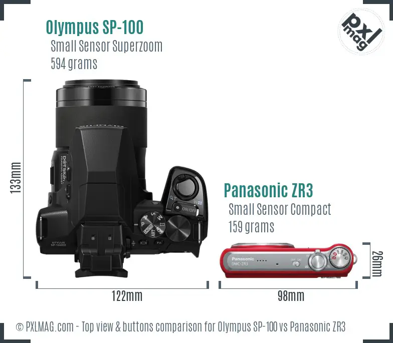 Olympus SP-100 vs Panasonic ZR3 top view buttons comparison