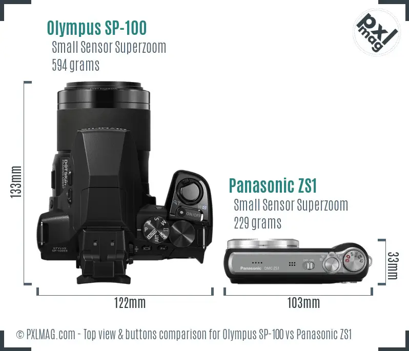Olympus SP-100 vs Panasonic ZS1 top view buttons comparison