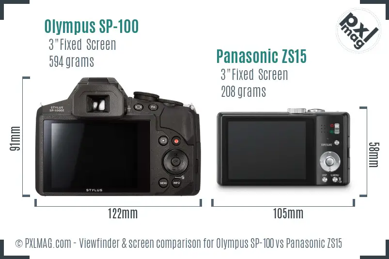 Olympus SP-100 vs Panasonic ZS15 Screen and Viewfinder comparison