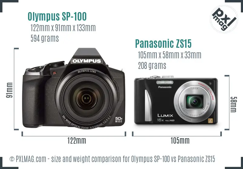 Olympus SP-100 vs Panasonic ZS15 size comparison
