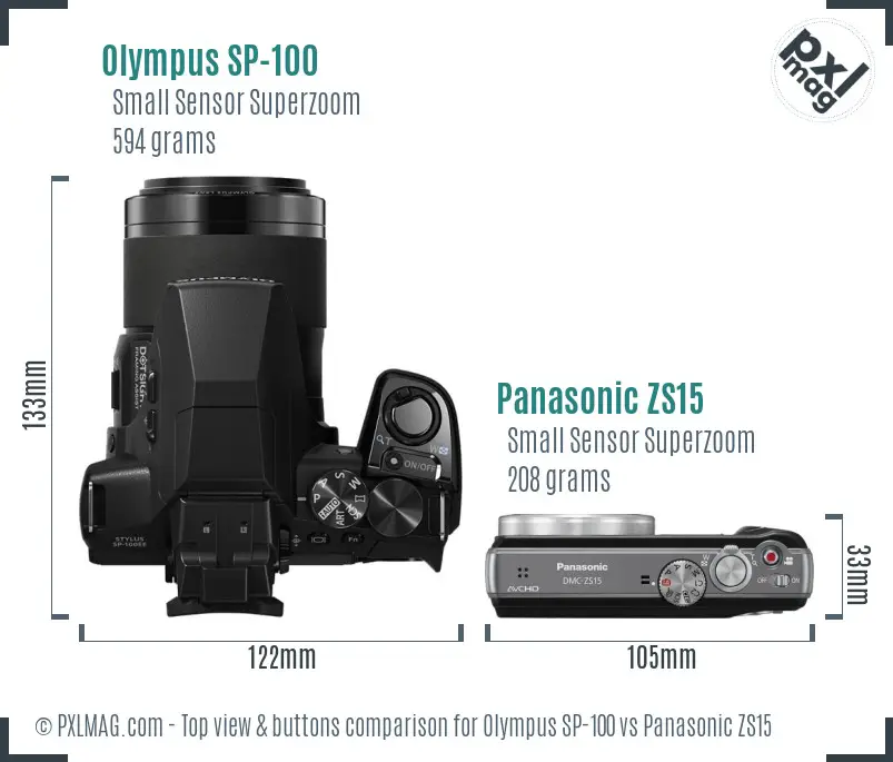 Olympus SP-100 vs Panasonic ZS15 top view buttons comparison