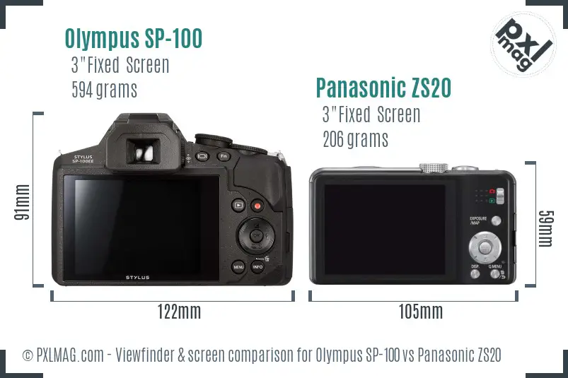 Olympus SP-100 vs Panasonic ZS20 Screen and Viewfinder comparison