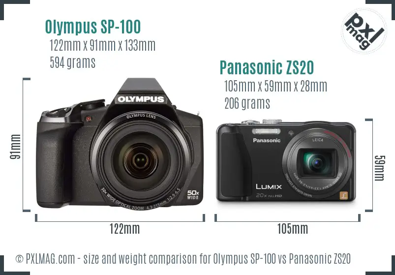 Olympus SP-100 vs Panasonic ZS20 size comparison