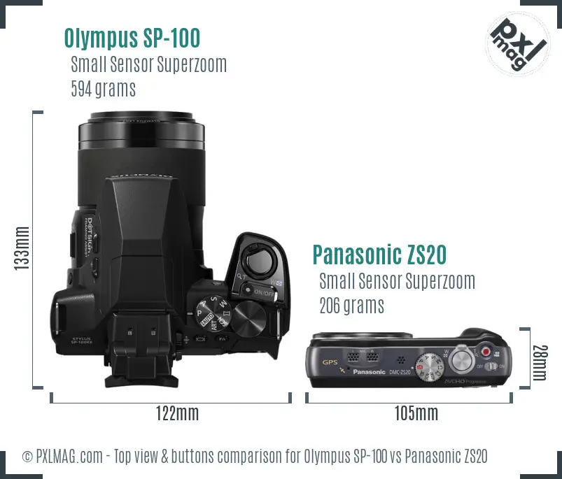 Olympus SP-100 vs Panasonic ZS20 top view buttons comparison