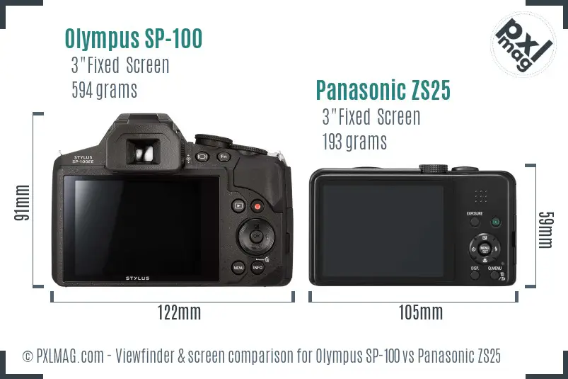 Olympus SP-100 vs Panasonic ZS25 Screen and Viewfinder comparison