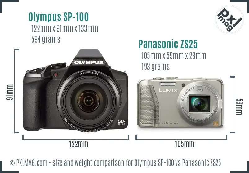 Olympus SP-100 vs Panasonic ZS25 size comparison