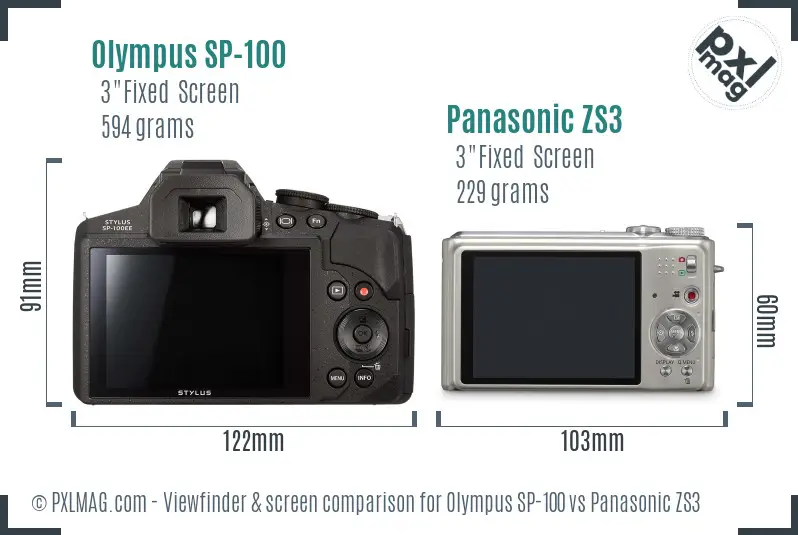 Olympus SP-100 vs Panasonic ZS3 Screen and Viewfinder comparison