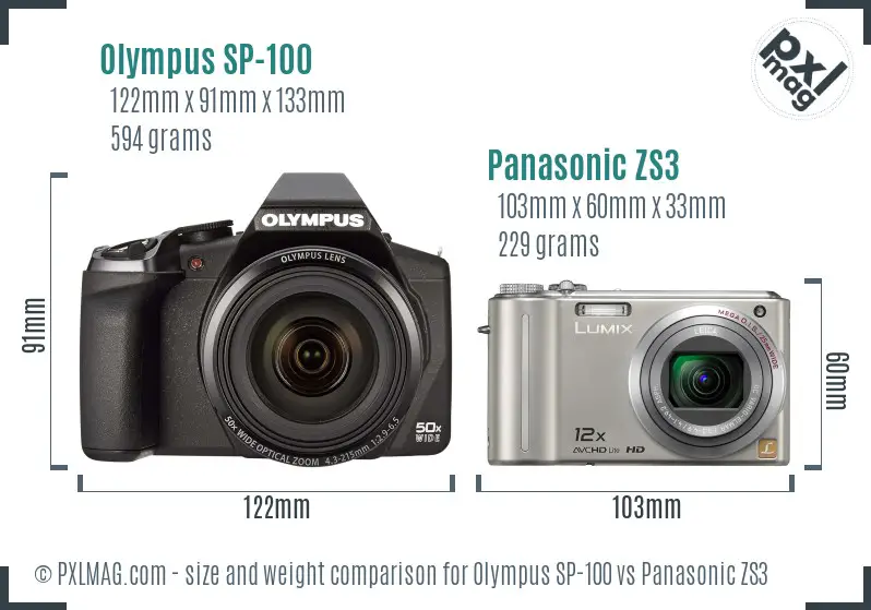 Olympus SP-100 vs Panasonic ZS3 size comparison