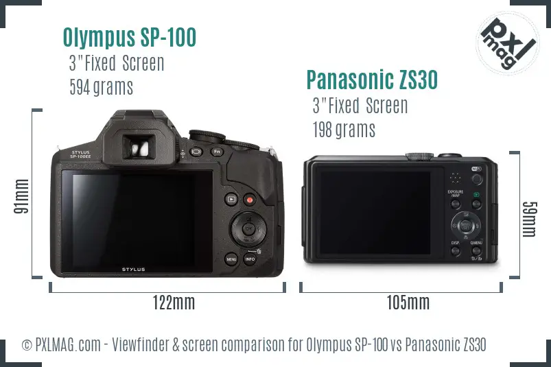Olympus SP-100 vs Panasonic ZS30 Screen and Viewfinder comparison