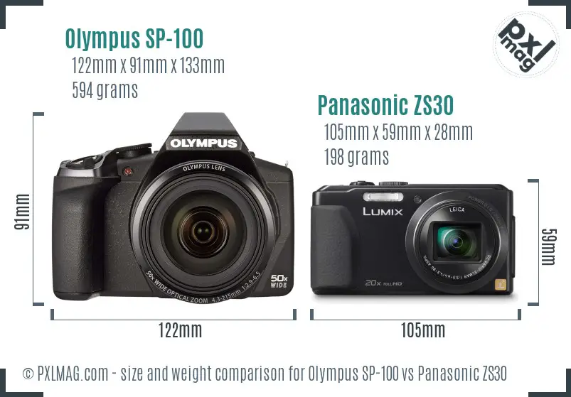 Olympus SP-100 vs Panasonic ZS30 size comparison
