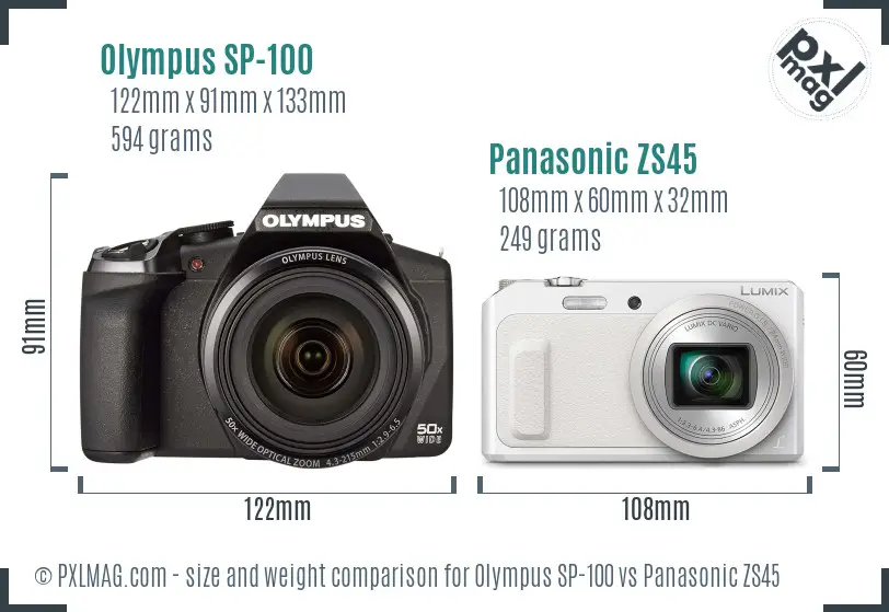 Olympus SP-100 vs Panasonic ZS45 size comparison