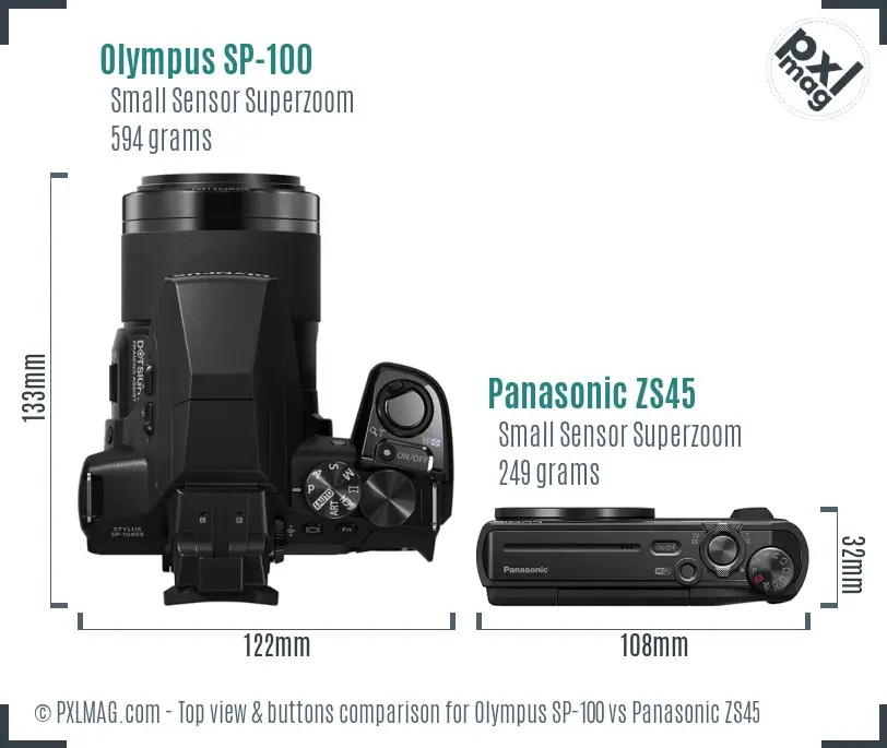 Olympus SP-100 vs Panasonic ZS45 top view buttons comparison
