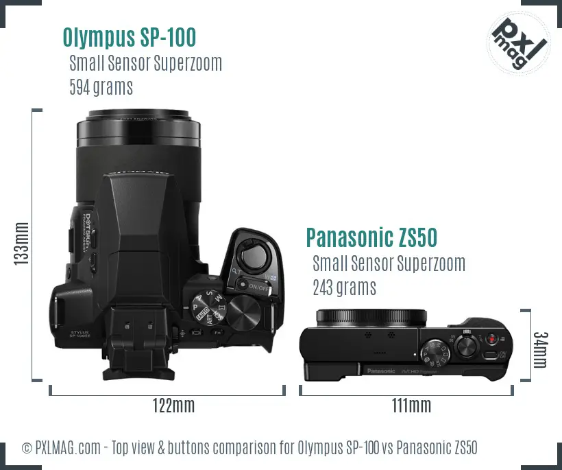 Olympus SP-100 vs Panasonic ZS50 top view buttons comparison