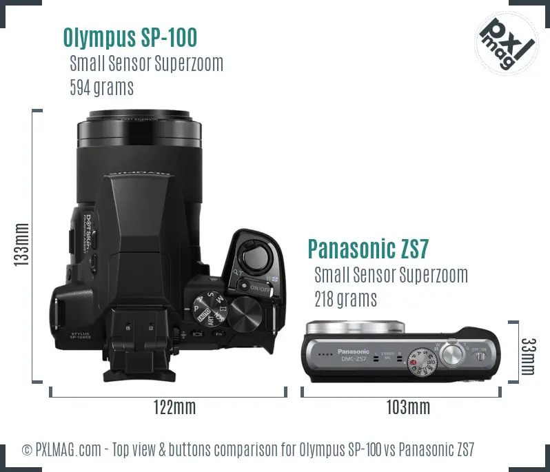Olympus SP-100 vs Panasonic ZS7 top view buttons comparison