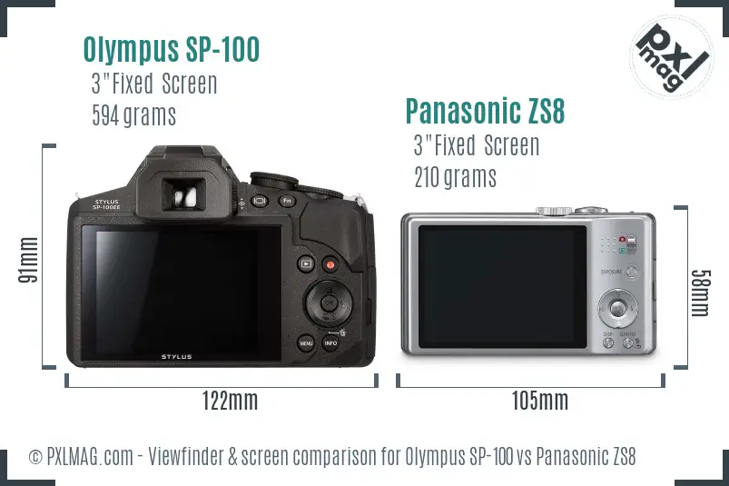 Olympus SP-100 vs Panasonic ZS8 Screen and Viewfinder comparison