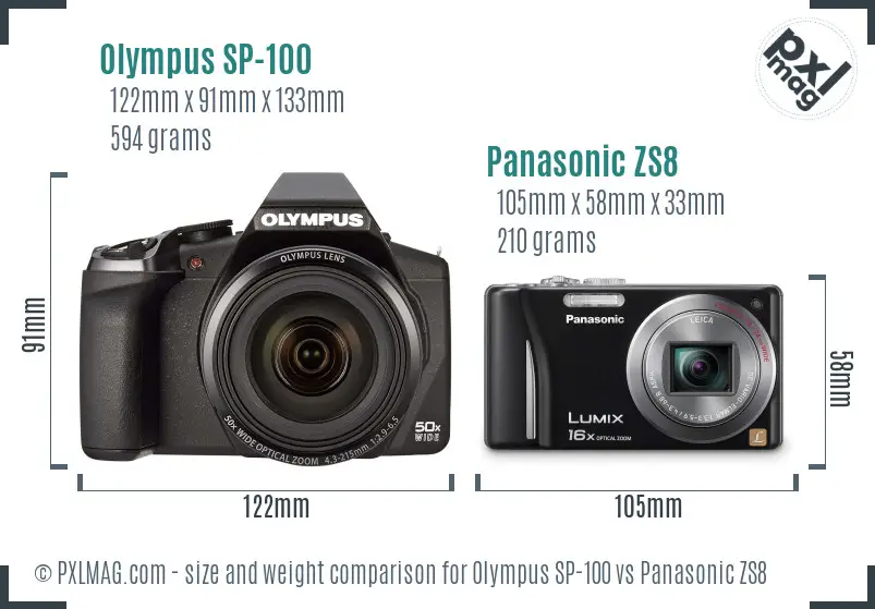 Olympus SP-100 vs Panasonic ZS8 size comparison