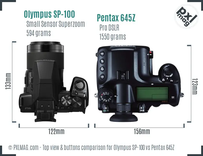 Olympus SP-100 vs Pentax 645Z top view buttons comparison