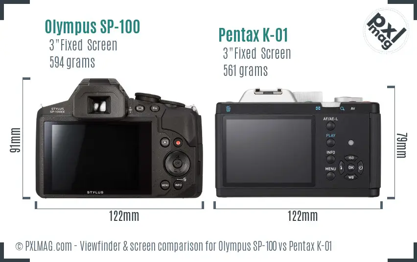 Olympus SP-100 vs Pentax K-01 Screen and Viewfinder comparison