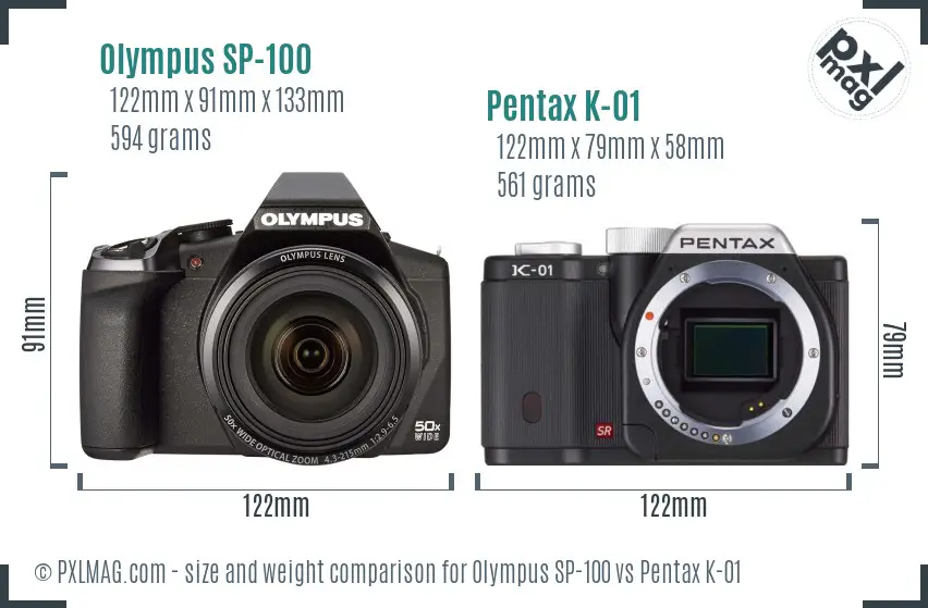 Olympus SP-100 vs Pentax K-01 size comparison