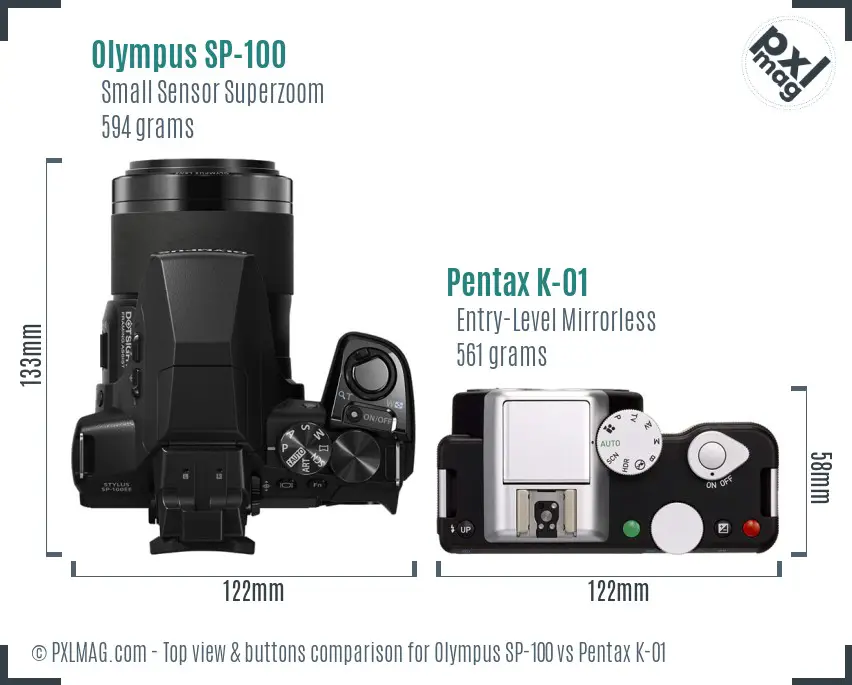 Olympus SP-100 vs Pentax K-01 top view buttons comparison