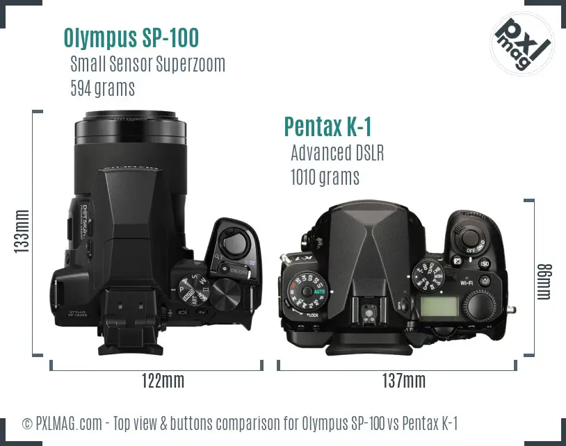 Olympus SP-100 vs Pentax K-1 top view buttons comparison