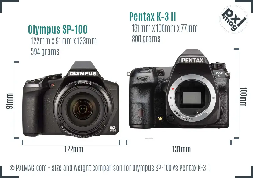 Olympus SP-100 vs Pentax K-3 II size comparison