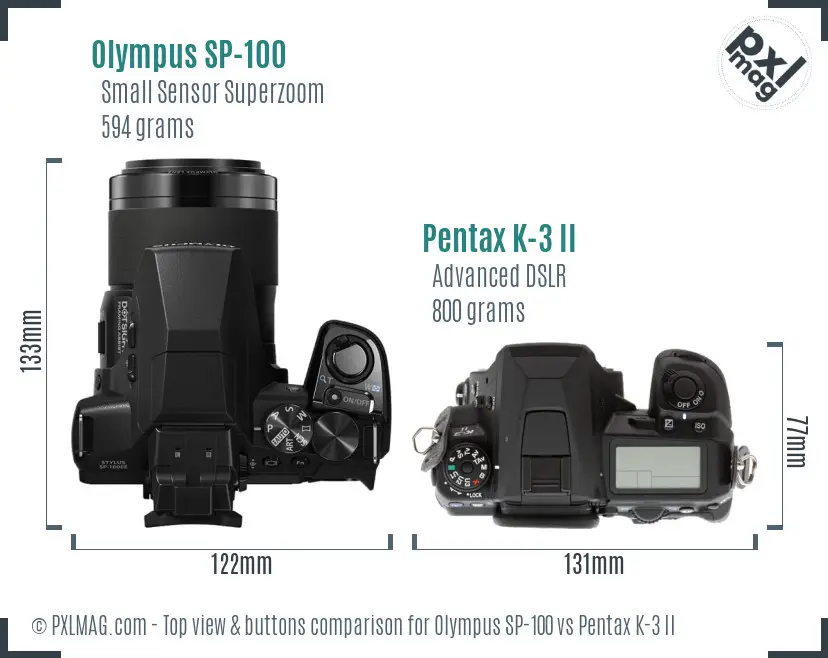 Olympus SP-100 vs Pentax K-3 II top view buttons comparison