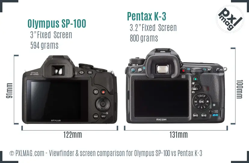 Olympus SP-100 vs Pentax K-3 Screen and Viewfinder comparison