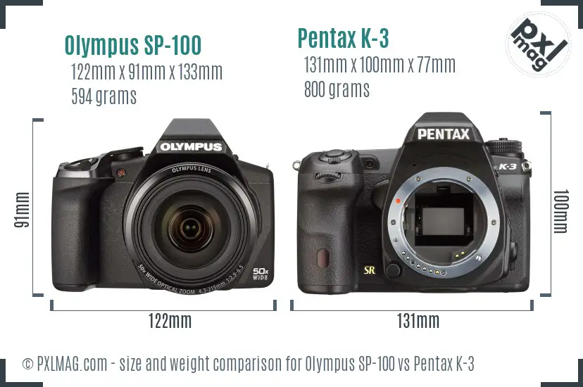 Olympus SP-100 vs Pentax K-3 size comparison