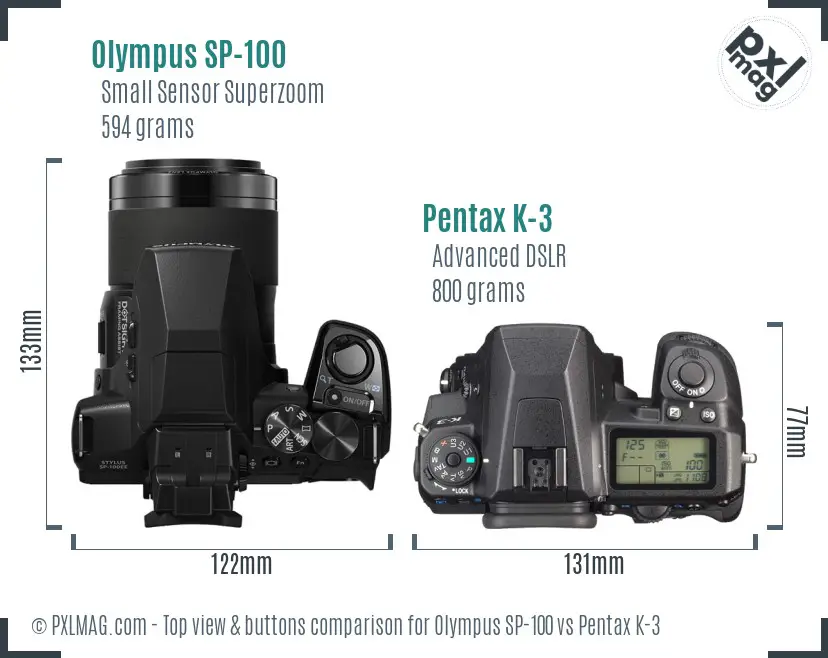 Olympus SP-100 vs Pentax K-3 top view buttons comparison