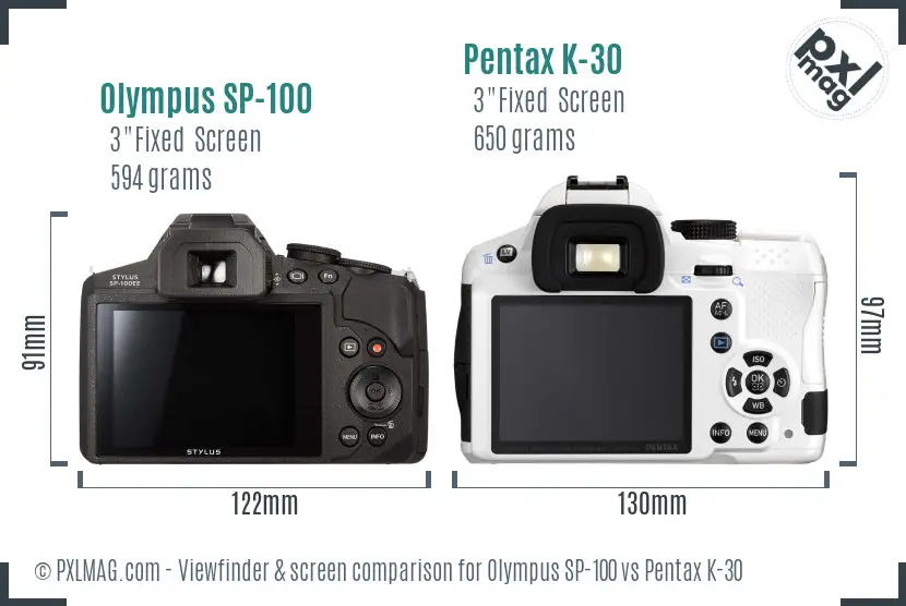Olympus SP-100 vs Pentax K-30 Screen and Viewfinder comparison