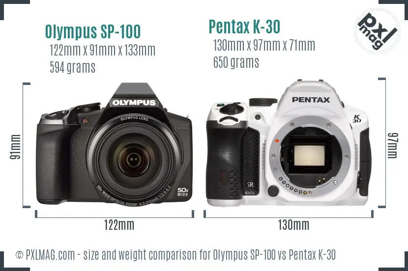 Olympus SP-100 vs Pentax K-30 size comparison