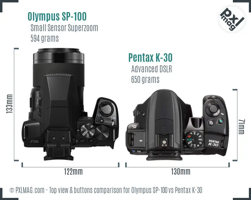 Olympus SP-100 vs Pentax K-30 top view buttons comparison