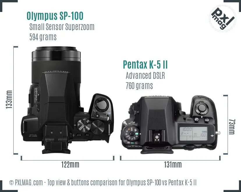 Olympus SP-100 vs Pentax K-5 II top view buttons comparison