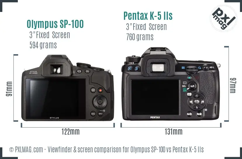 Olympus SP-100 vs Pentax K-5 IIs Screen and Viewfinder comparison