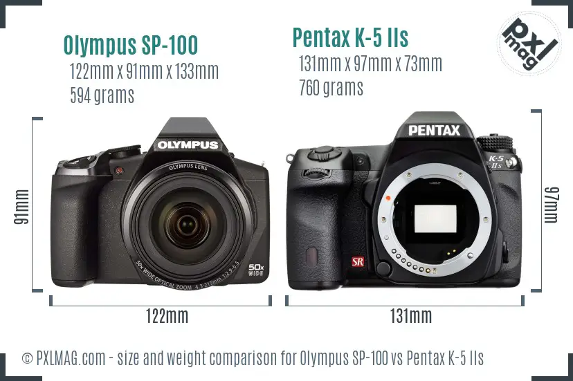 Olympus SP-100 vs Pentax K-5 IIs size comparison