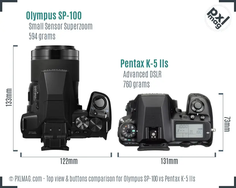 Olympus SP-100 vs Pentax K-5 IIs top view buttons comparison