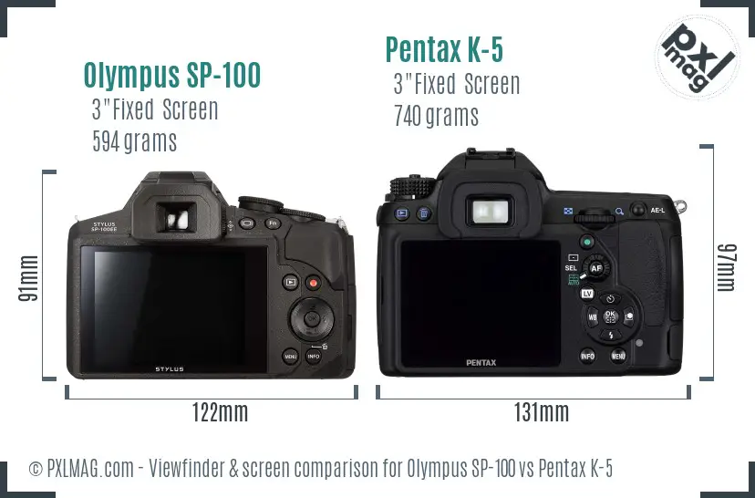 Olympus SP-100 vs Pentax K-5 Screen and Viewfinder comparison