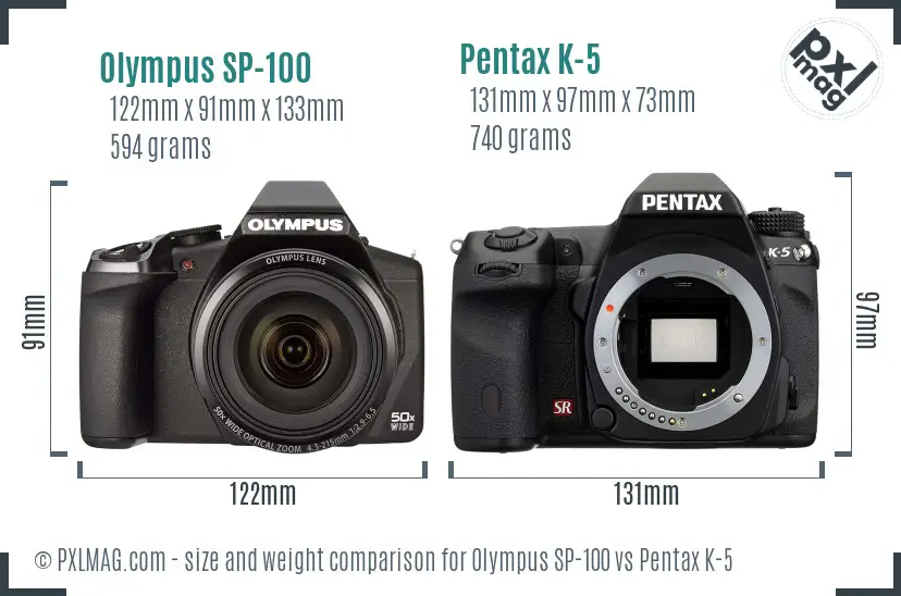 Olympus SP-100 vs Pentax K-5 size comparison