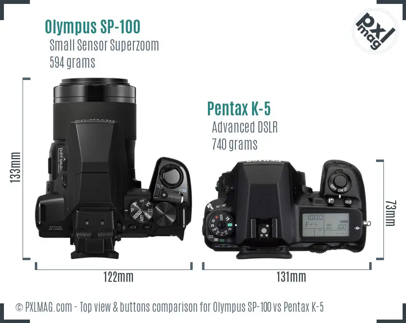 Olympus SP-100 vs Pentax K-5 top view buttons comparison